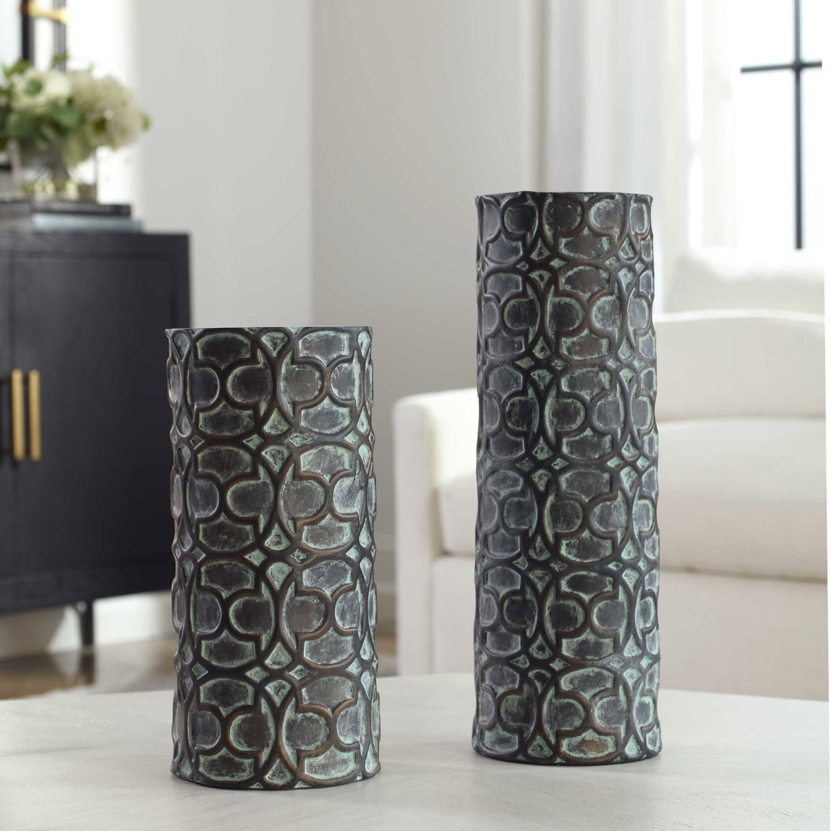 Baltra Bronze Patina Vases Set/2, by Uttermost, 6" width x 17.75" height x 6" depth View 3