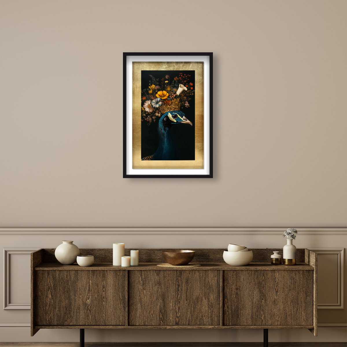 Peacock's Crown I - With Hand-Applied Gold Leaf & Glitter (Black and Teal Glitter, Gold Leaf Mat), by Oliver Gal,  24x36 View 3