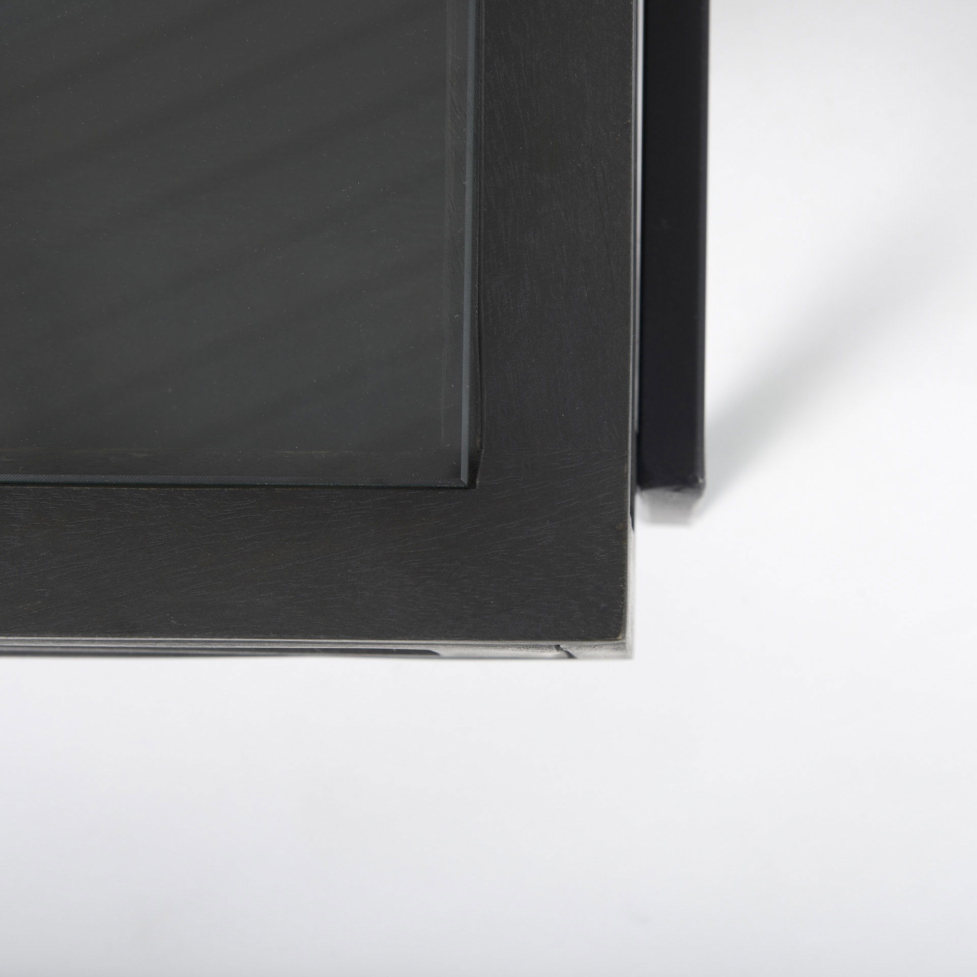 Arelius 42'L Rectangular Glass-Top Black-Brown Wood with Black Metal Base Display Coffee Table, by Mercana, 49.5" length x 28" width x 15" height View 9