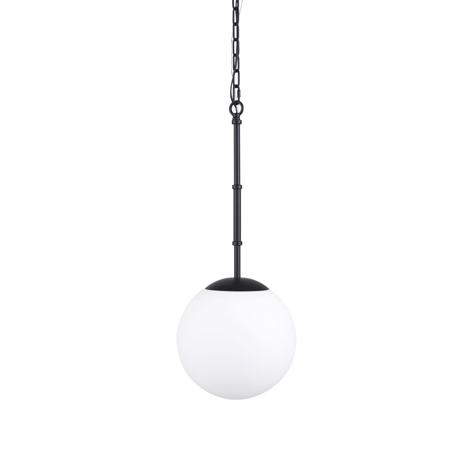 Edie Matte Black Metal with Frosted Glass Globe 1-Light Pendant, by Mercana, 12" length x 12" width x 54" height View 1
