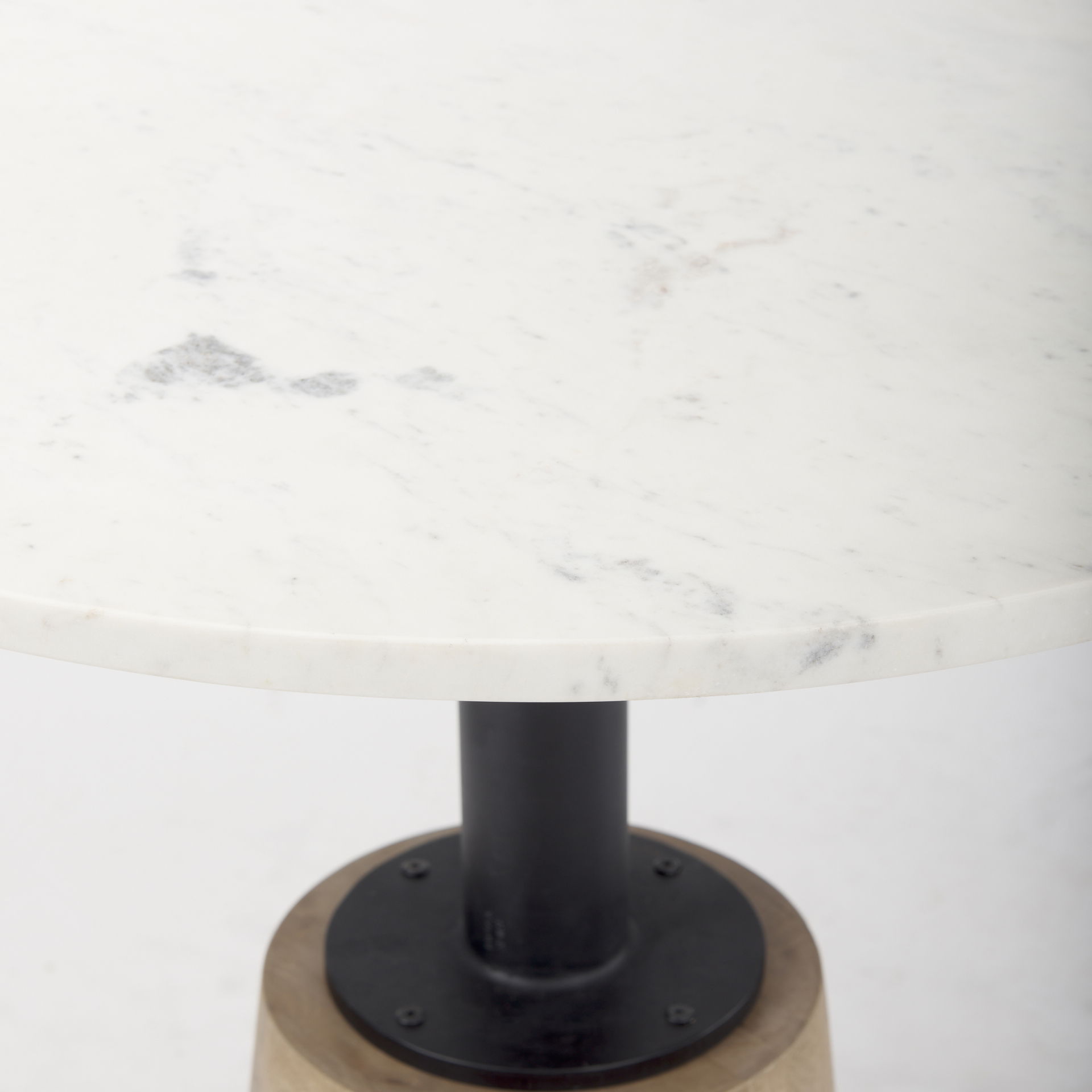 Maxwell 32' Round White Marble Tabletop with Blonde Wood & Black Metal Accent Pedestal Bistro Table, Dining Table by Mercana, 32" length x 32" width x 36" height View 5