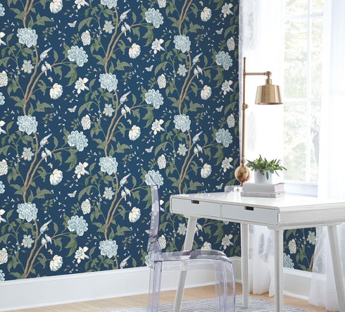 Teahouse Floral Navy Wallpaper