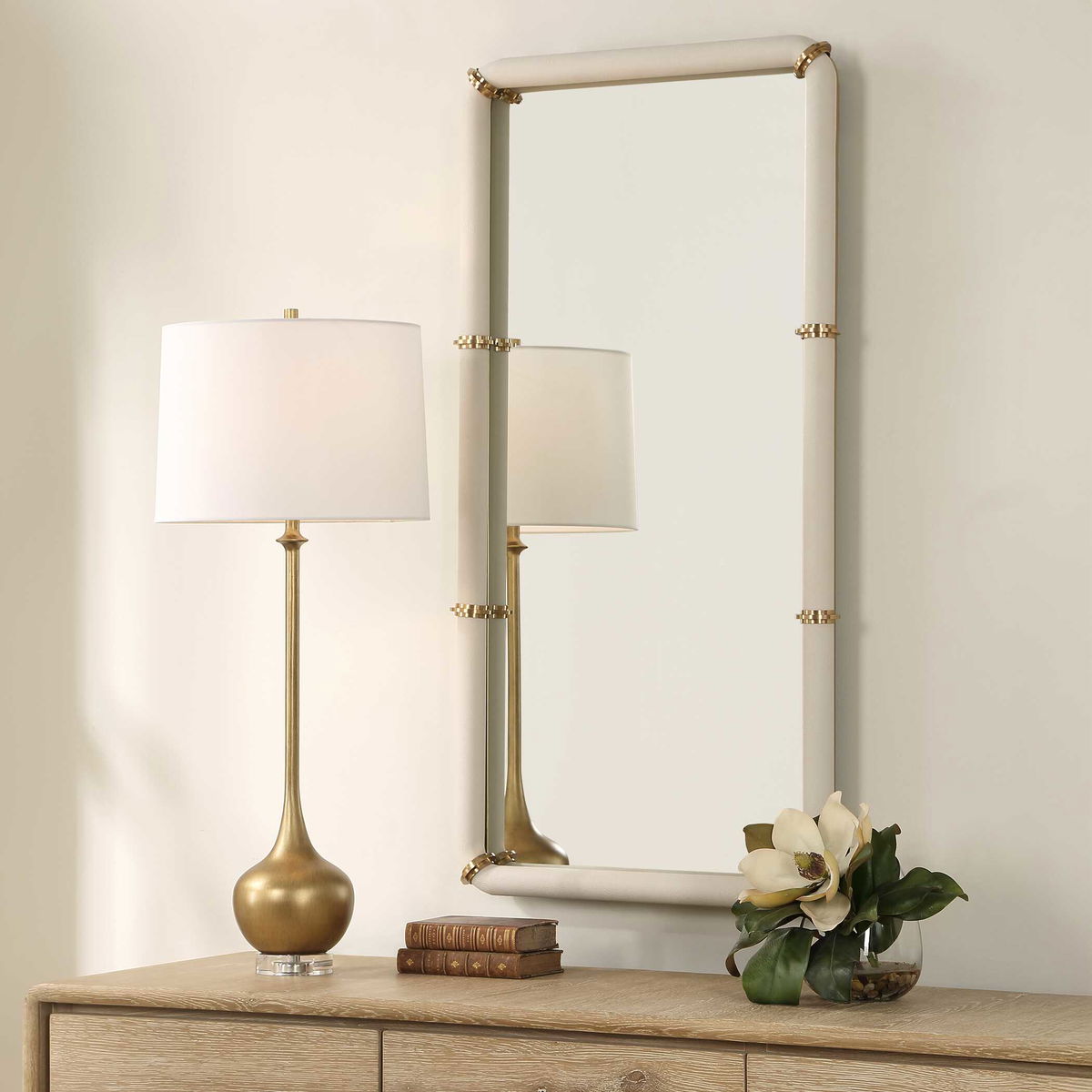 Cyprus White Leather Mirror, by Uttermost, 22" width x 44" height x 2.5" depth View 3