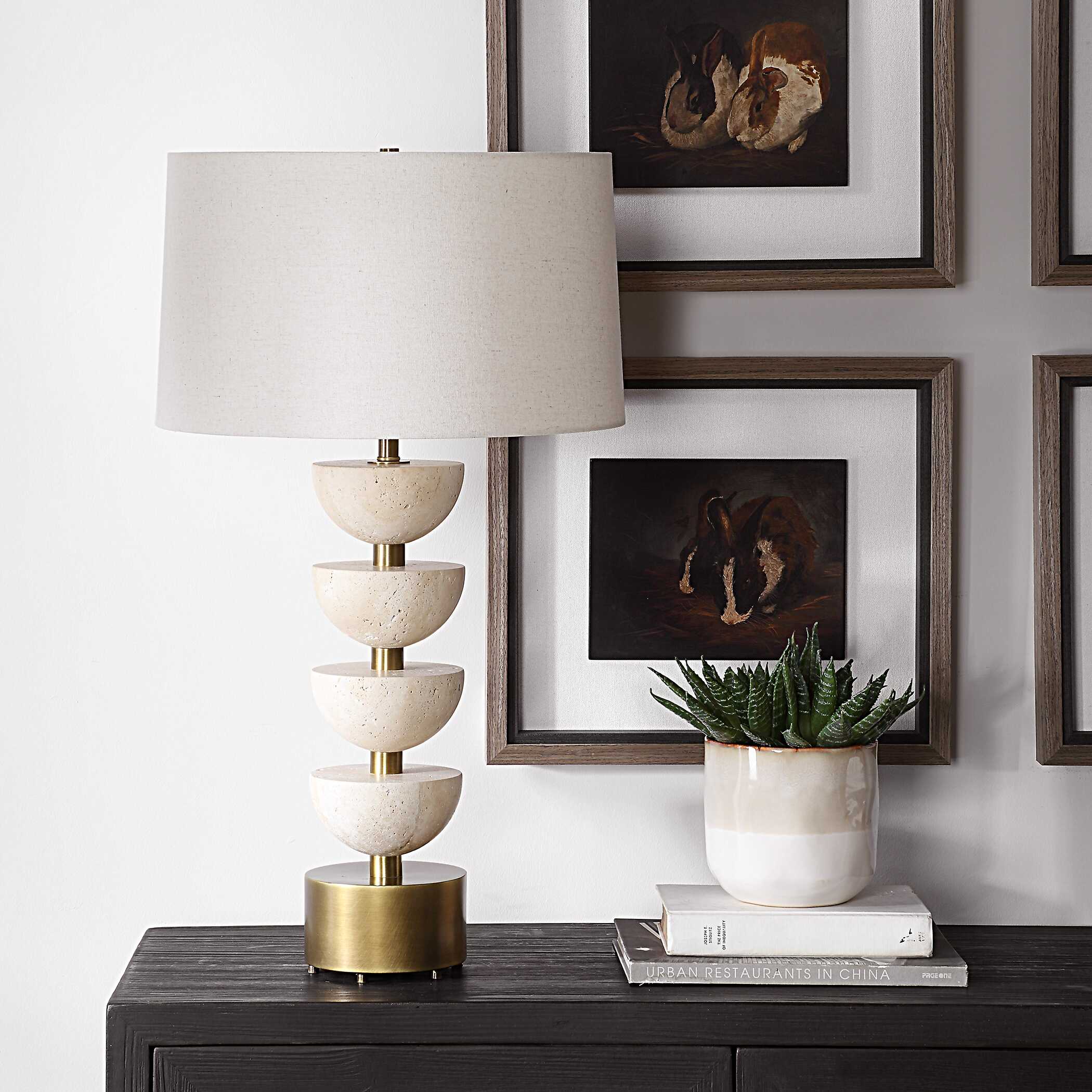 Hemisphere Travertine Table Lamp, by Uttermost, 17" width x 30.5" height x 17" depth View 4