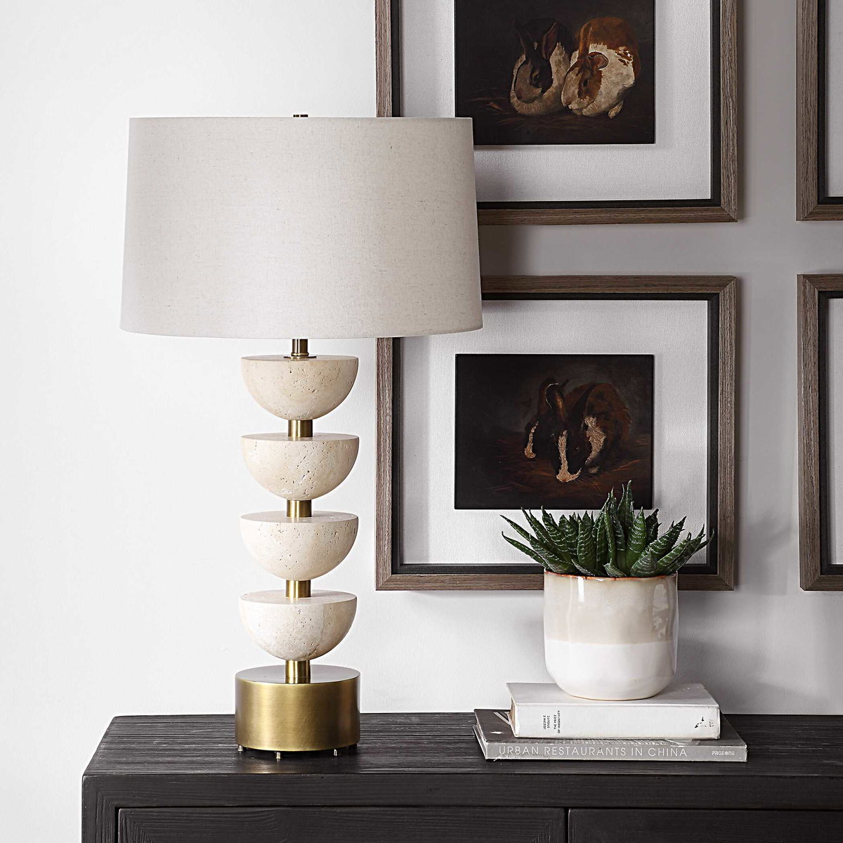 Hemisphere Travertine Table Lamp, by Uttermost, 17" width x 30.5" height x 17" depth View 4