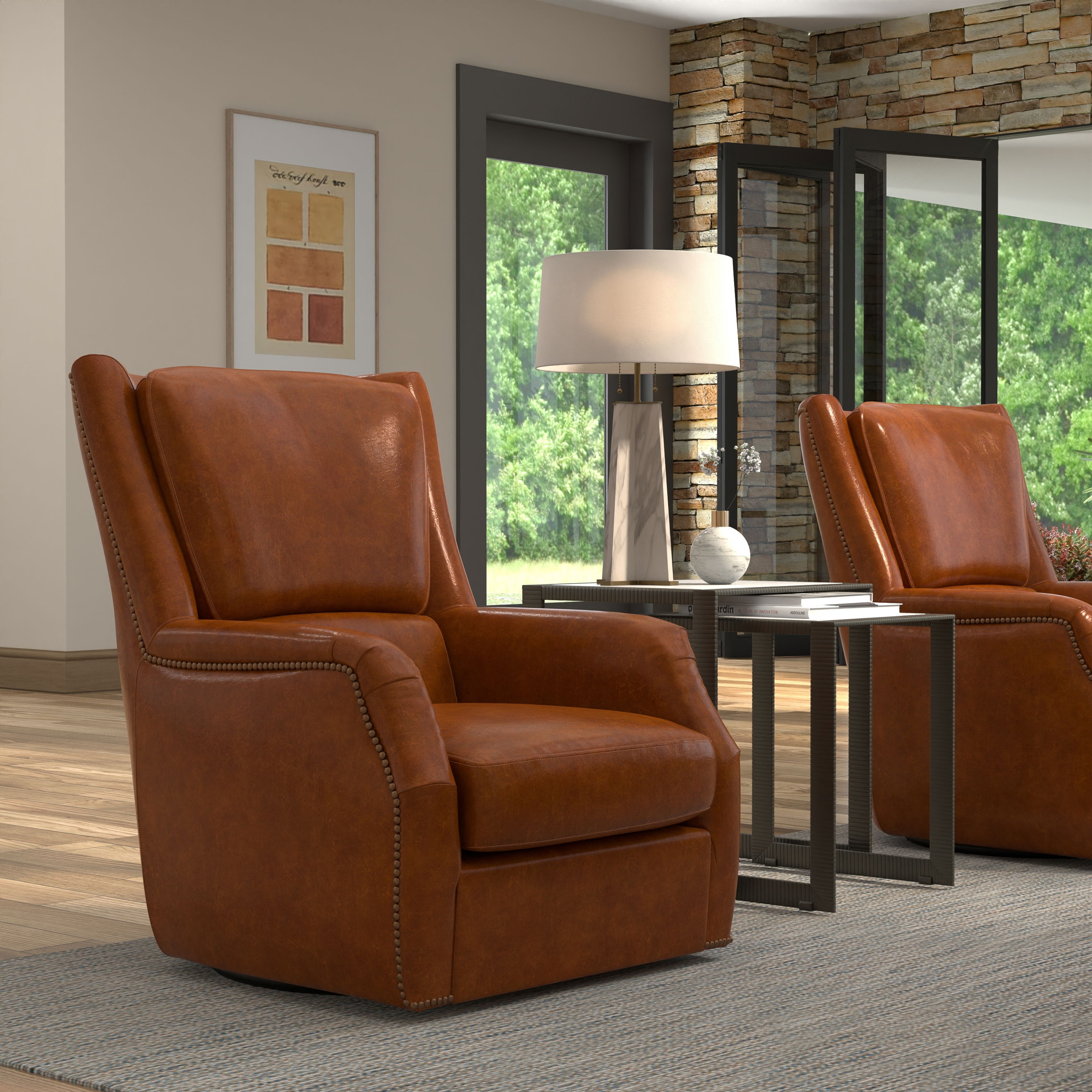 Baker Leather Swivel Chair,Havana Lthr, Seating by Sarreid, 31" length x 38" width x 38" height View 14
