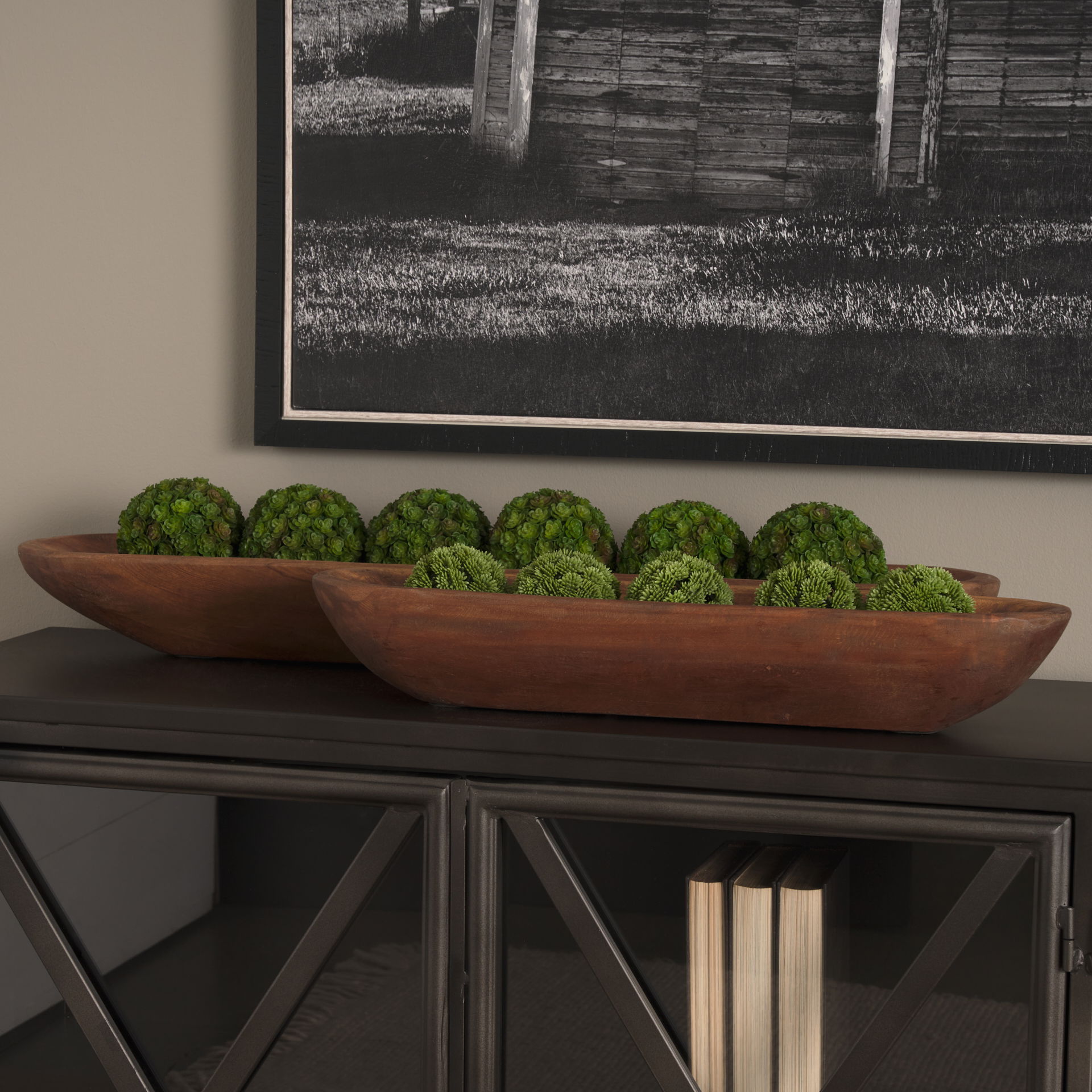 Athena Set of 2 Extra Large Medium Brown Reclaimed Wood Trays, Decorative Tray by Mercana, 34" length x 8" width x 5" height View 2