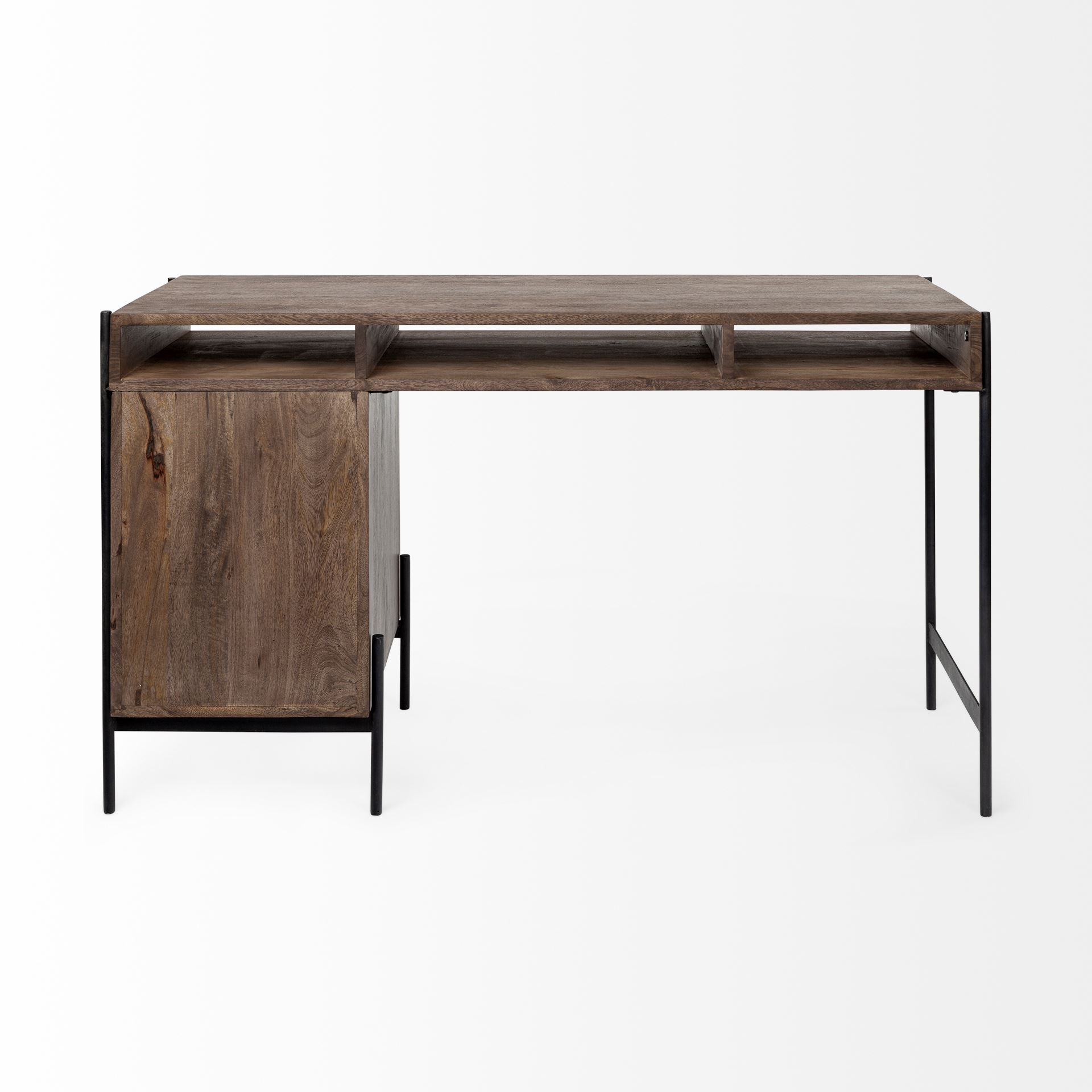 Glenn VII 56L x 22W Dark Brown Wood with Black Iron Frame, 3 Drawer Office Desk, by Mercana, 55.5" length x 22" width x 31" height View 7