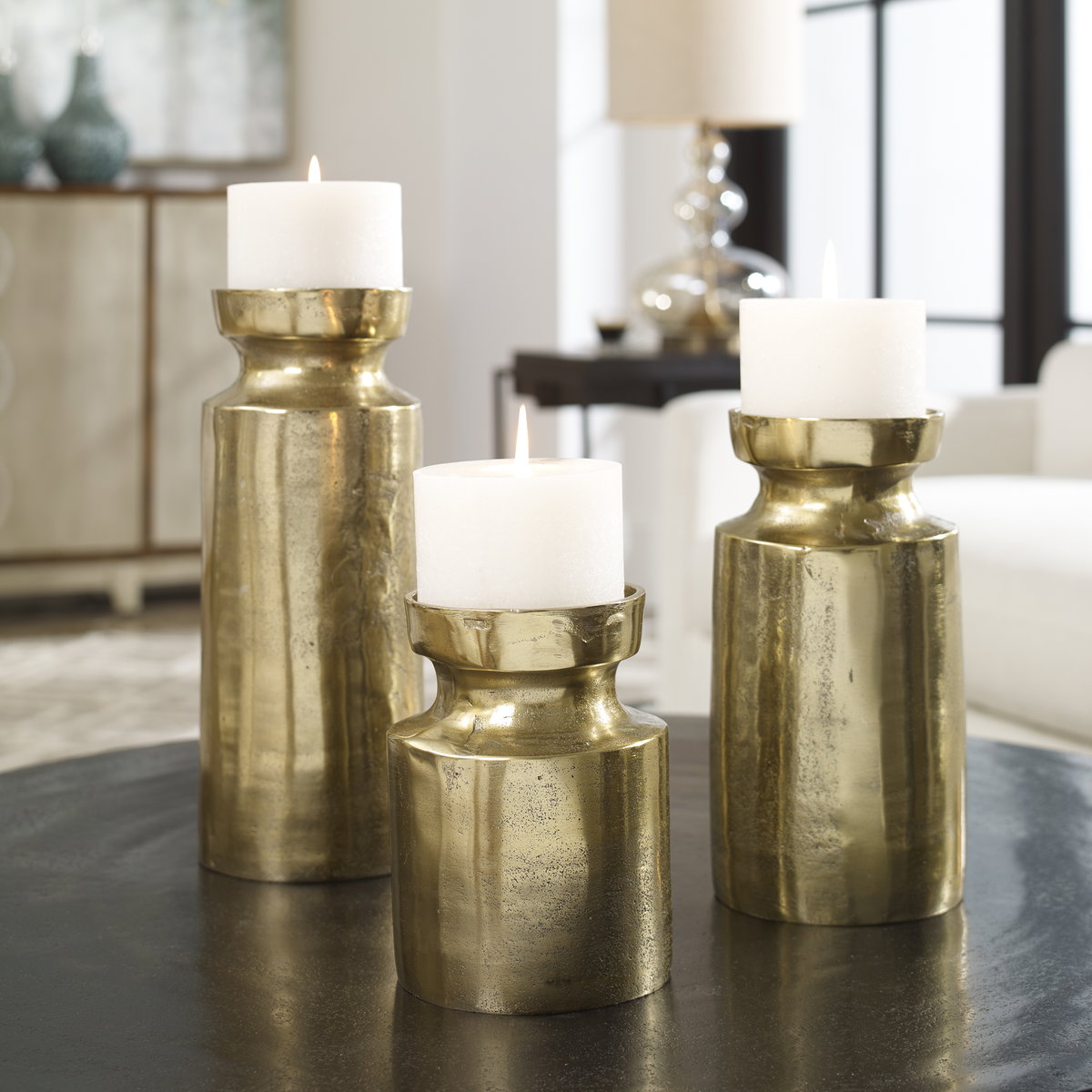 Amina Antique Brass Candleholders Set/3, Candles & Candle Holder by Uttermost, 5" width x 13" height x 5" depth View 2