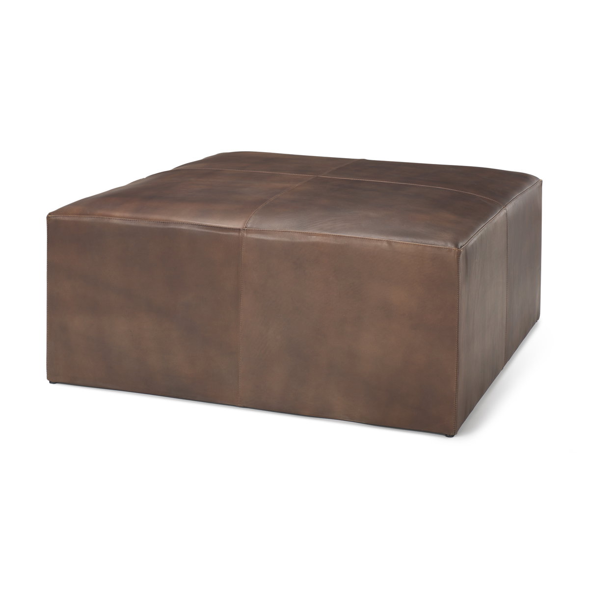 Minara 36' Square Brown Leather Wrapped with Wood Base Ottoman, by Mercana, 36" length x 36" width x 16" height View 1