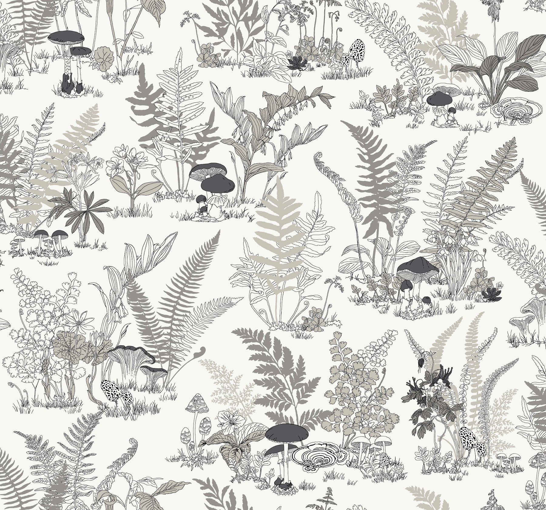 Mushroom Garden Toile Black & Grey Wallpaper large image 