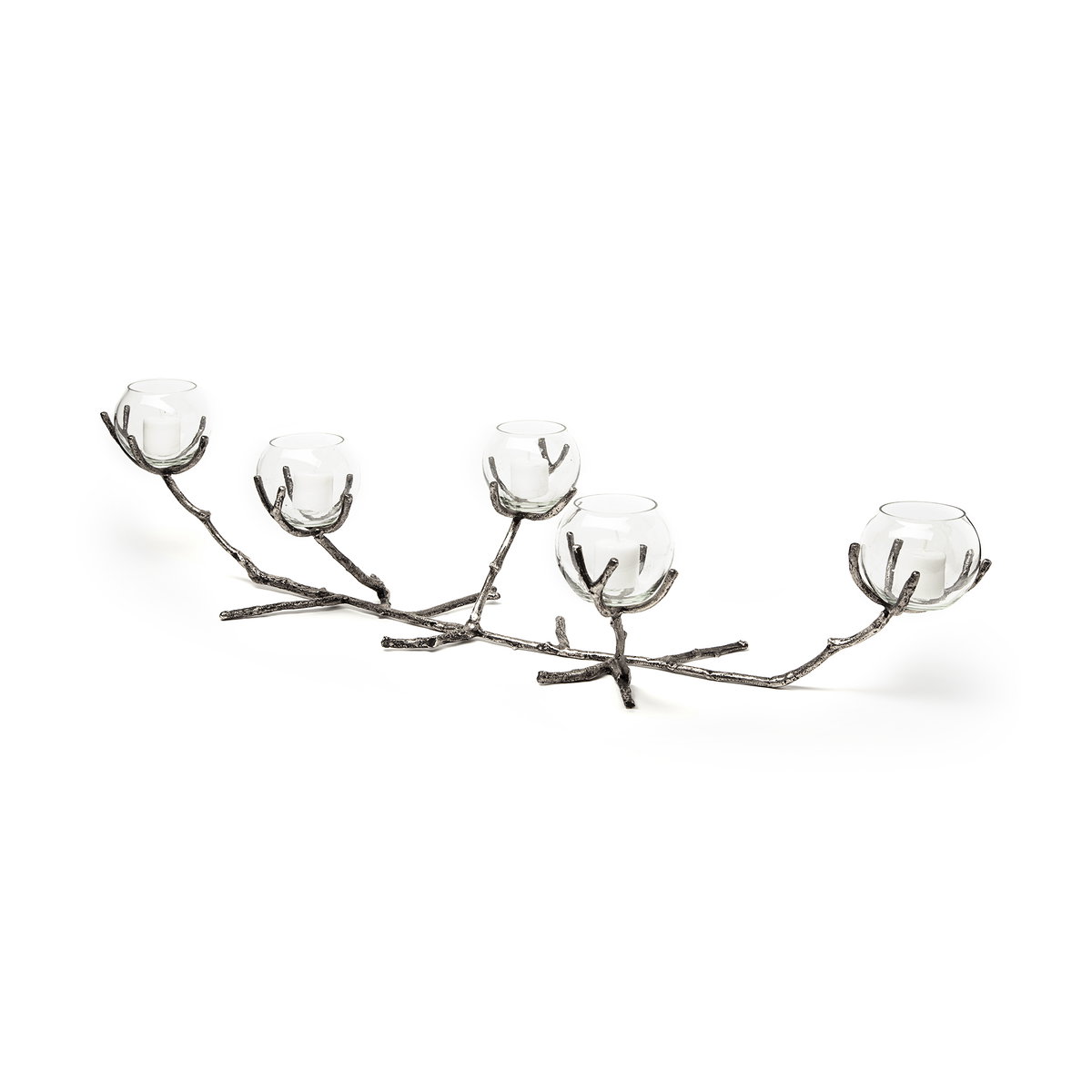 Vine I Distressed Silver Metal Creeper Five Candle Table Candle Holder, Candles & Candle Holder by Mercana, 30" length x 12" width x 9" height View 1