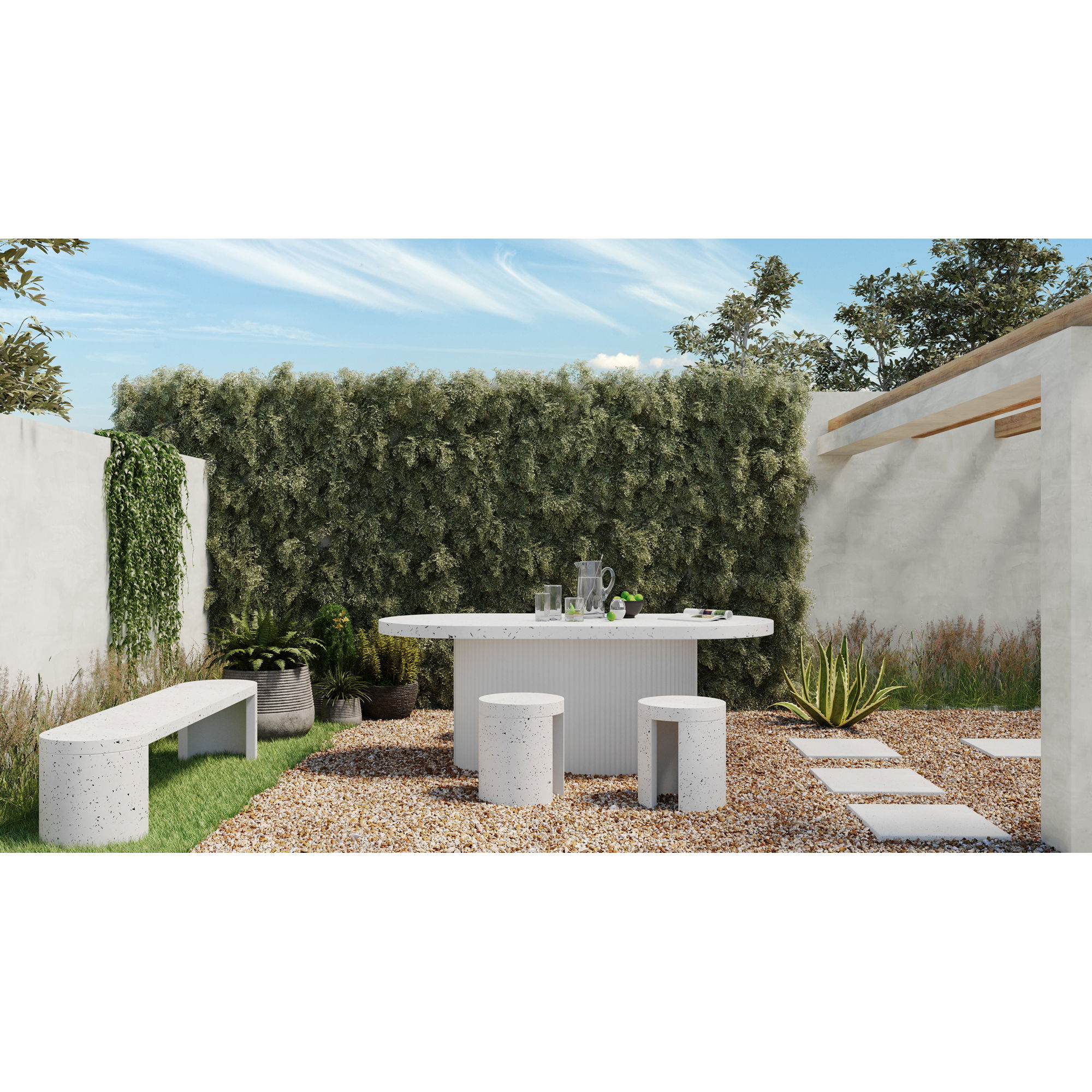 Lyon Outdoor Bench White Terrazzo, by Moe's Home, 5'10.9" width x 1'5.7" height x 1'3" depth View 8