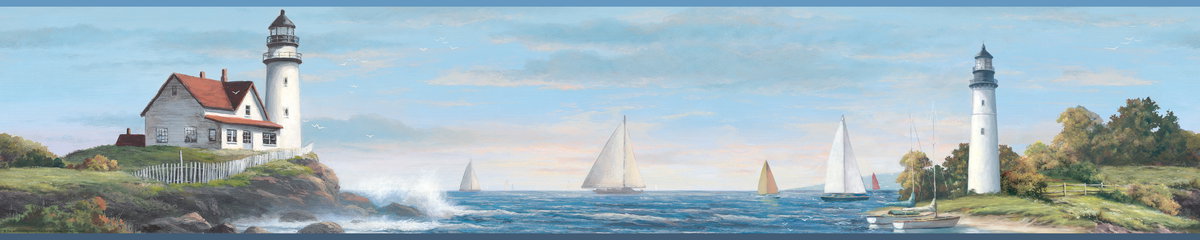 Sailing Lighthouse Blue & Green Border, Wallpaper by York Wall, 15' length x 9" width x 0.02" depth