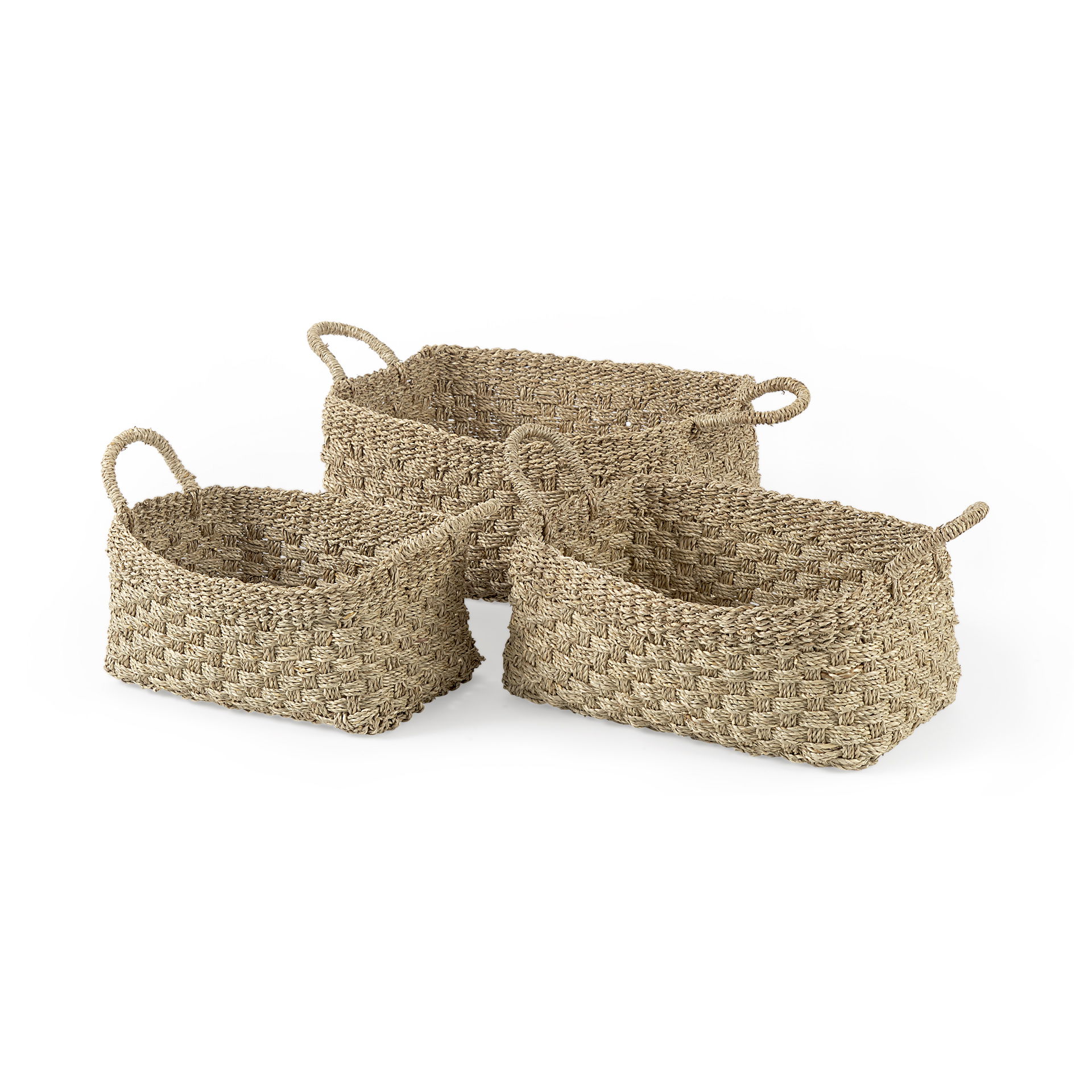 Emra  (Set of 3) Light Brown Seagrass Rectangular Basket with Handles, Bins & Basket by Mercana, 17.32" length x 11.81" width x 7.87" height View 1