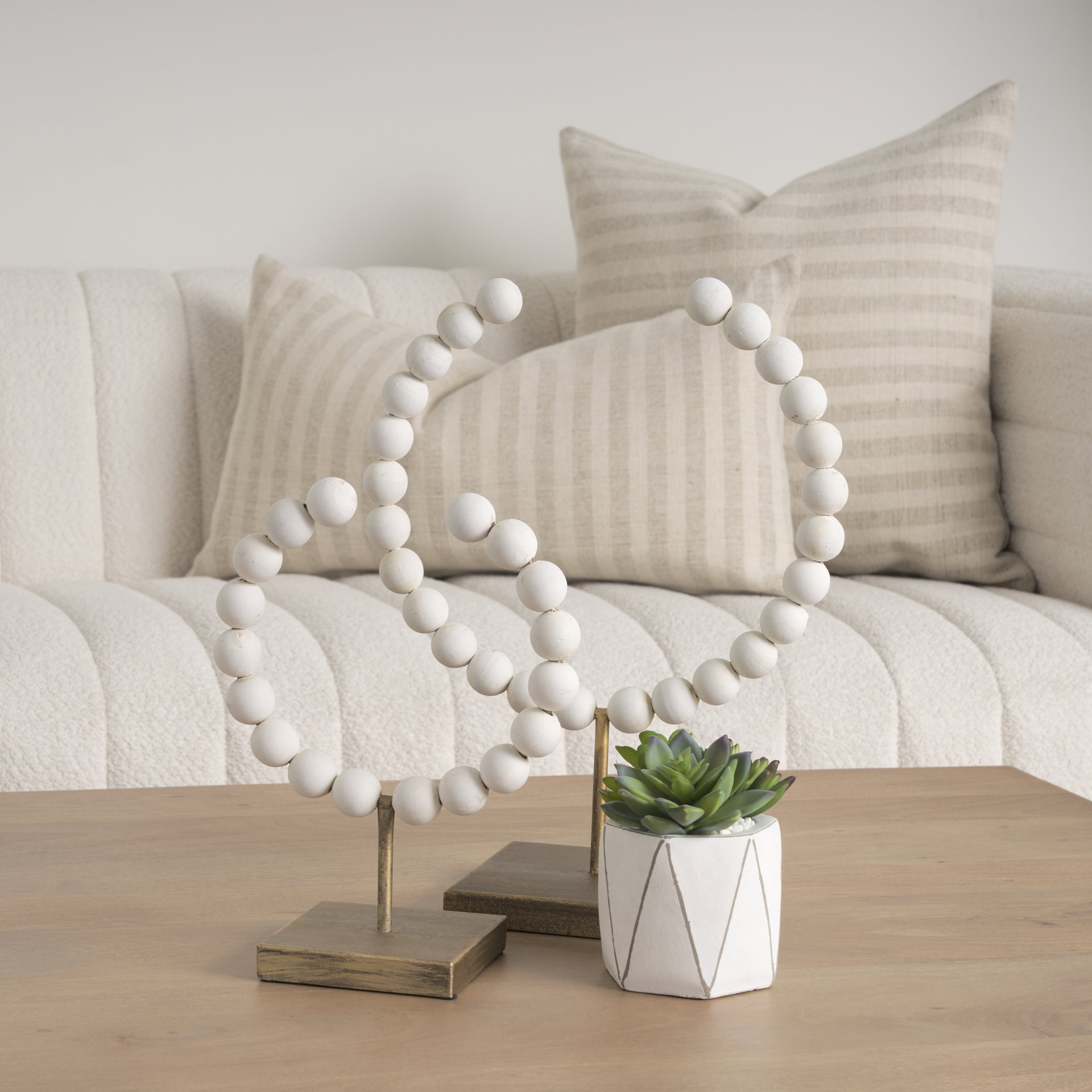 Pontchartrain I (Small) 9L x 5W White Beaded Broken Sphere Decorative Object with Gold Base, by Mercana, 9.45" length x 4.53" width x 11.61" height View 2