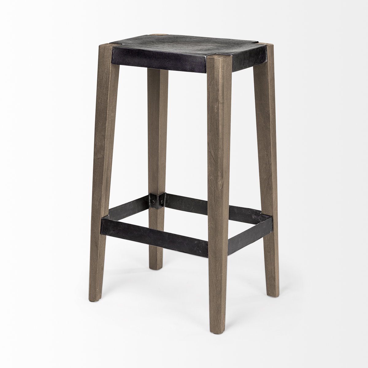 Nell Backless 30in Seat Bar Stool | Black Metal with Light Brown Wood, Counter & Bar Stool by Mercana, 18" length x 15" width x 30" height View 7