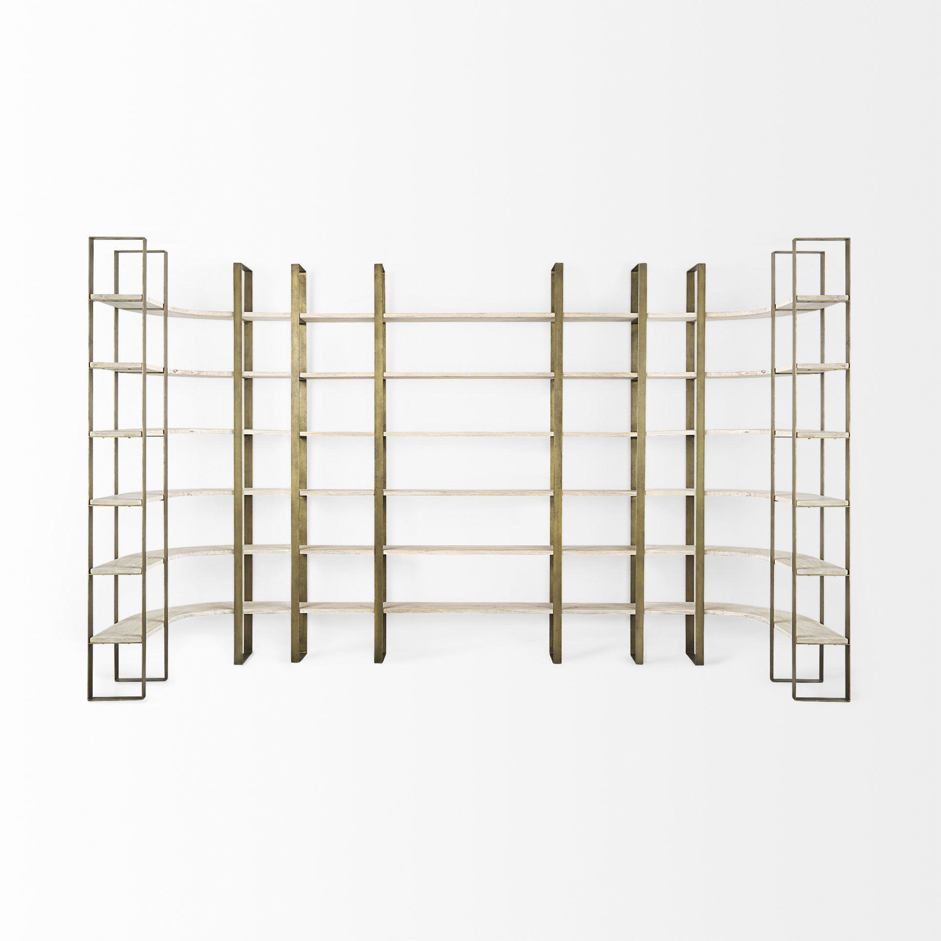 Taunton 80L x 10.5W x 90H Light Brown Wood with Gold Metal Frame 6 Tier Shelving Unit, Shelving & Bookcase by Mercana, 80" length x 10.5" width x 90" height View 9