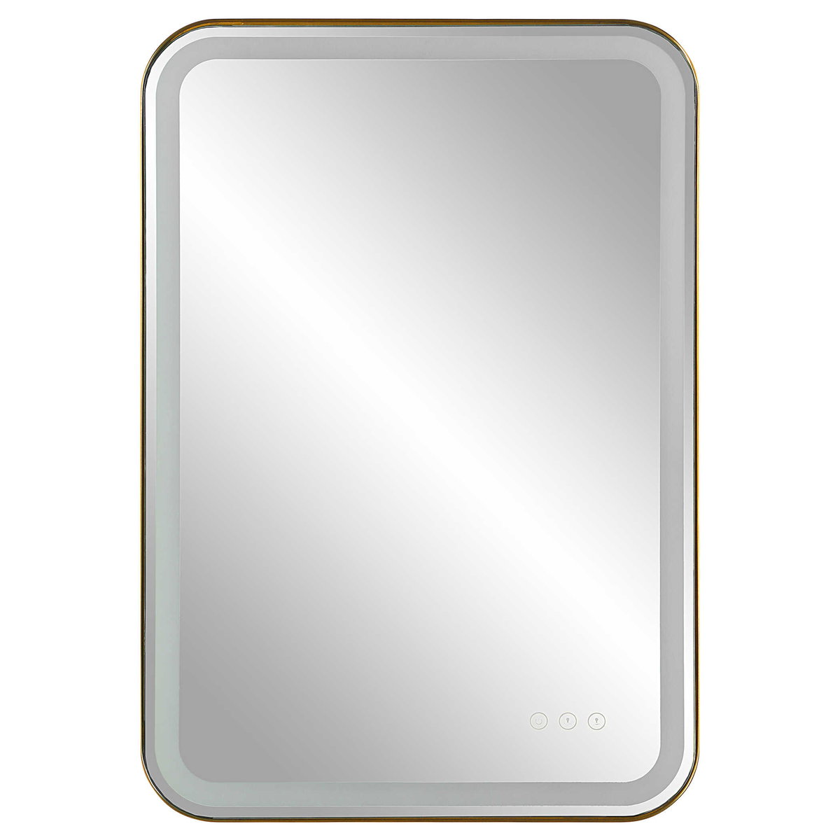 Crofton Lighted Brass Vanity Mirror, by Uttermost, 1'10.25" width x 2'8.25" height x 2.12" depth View 6