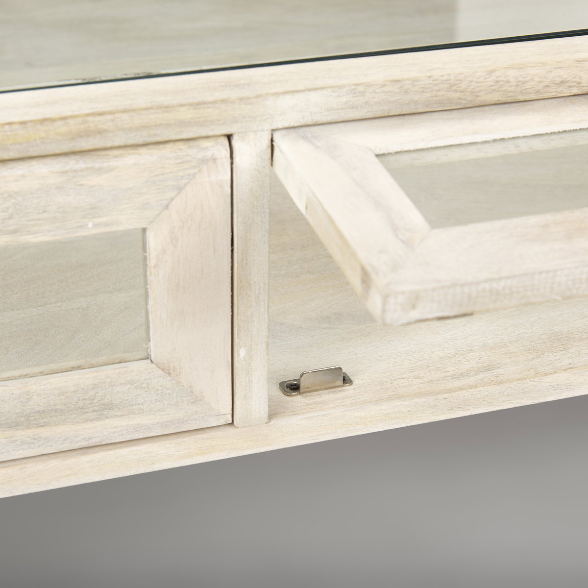 Arelius 42' Square Glass-Top White Wood with Gold Metal Base Display Coffee Table, by Mercana, 43.5" length x 42" width x 15" height View 9