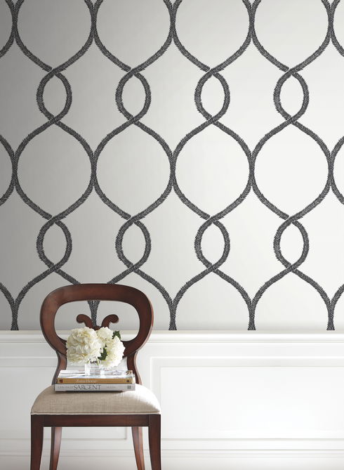 Laurel Leaf Ogee Black Wallpaper