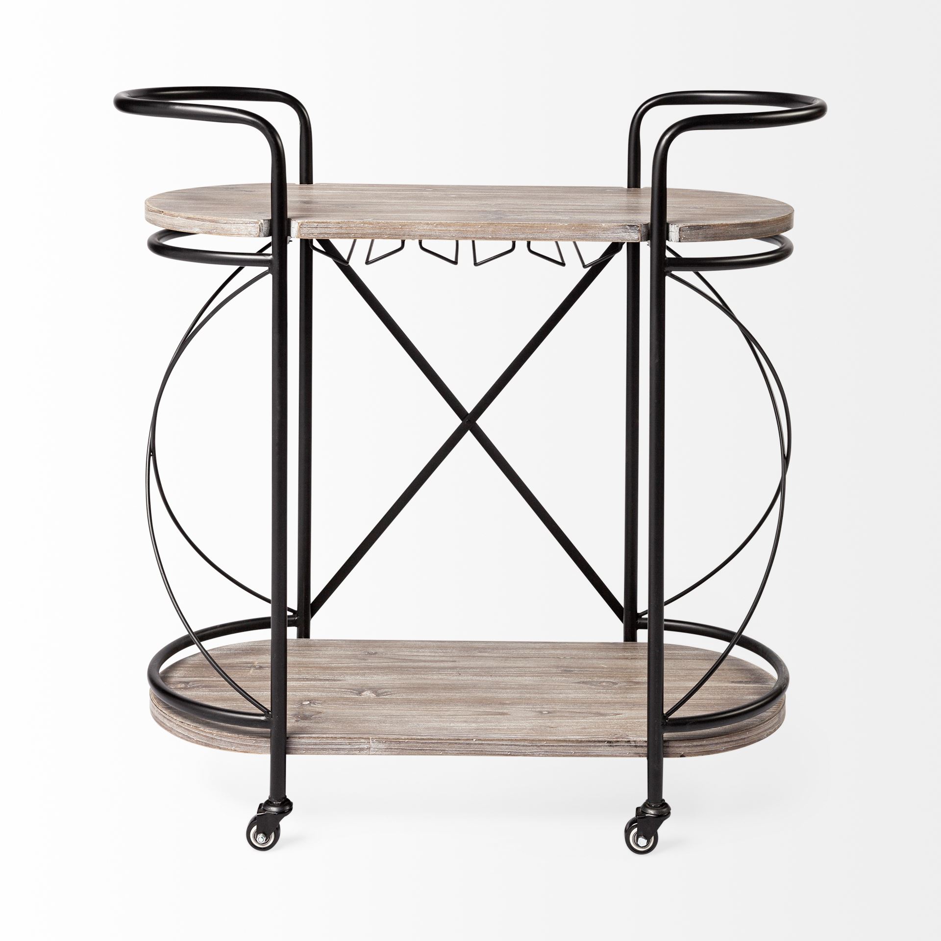 Marlon Black Metal Frame Two Tier Shelves with Stemware holder Bar Cart, Bar Carts & Cabinet by Mercana, 34.65" length x 15.35" width x 34.25" height View 4