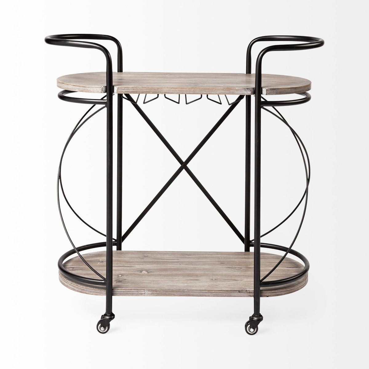 Marlon Black Metal Frame Two Tier Shelves with Stemware holder Bar Cart, Bar Carts & Cabinet by Mercana, 34.65" length x 15.35" width x 34.25" height View 4