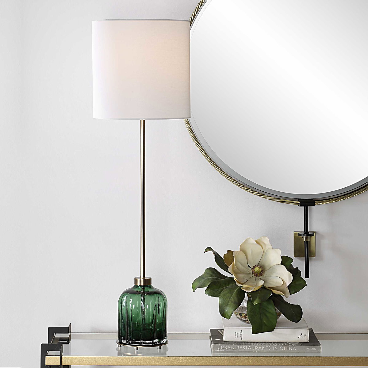 Lois Green Glass Buffet Lamp, by Uttermost, 11" width x 37" height x 11" depth View 2