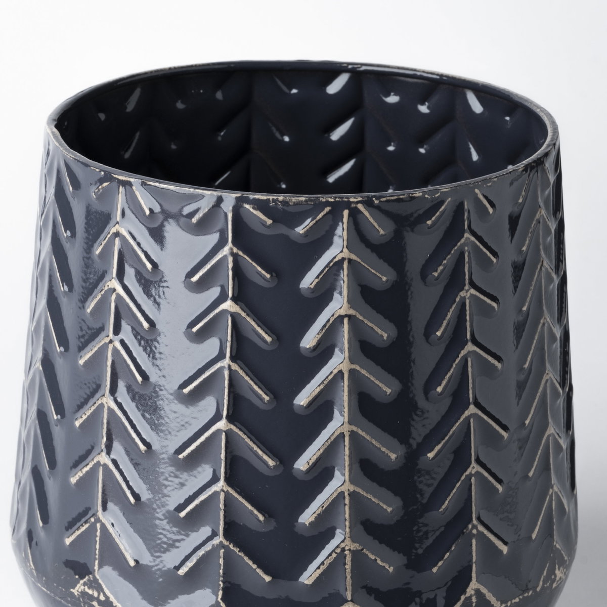 Gemma I Metal Glossy Dark Blue Chevron Vase, by Mercana, 7.09" length x 7.09" width x 7.28" height View 4