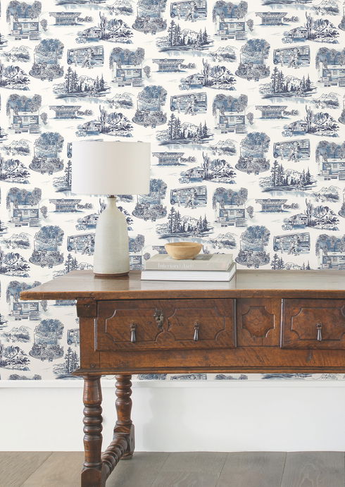 Modern Vista Toile Navy Wallpaper