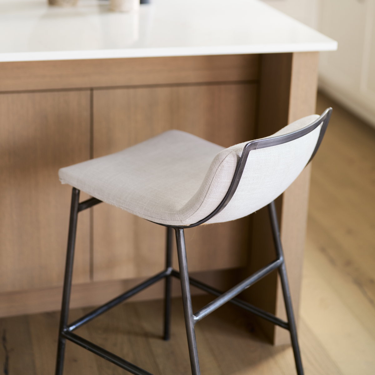 Kavalan Low Back 24.25in Seat Counter Stool | Beige Fabric with Metal, Counter & Bar Stool by Mercana, 17.72" length x 20.87" width x 33.46" height View 4