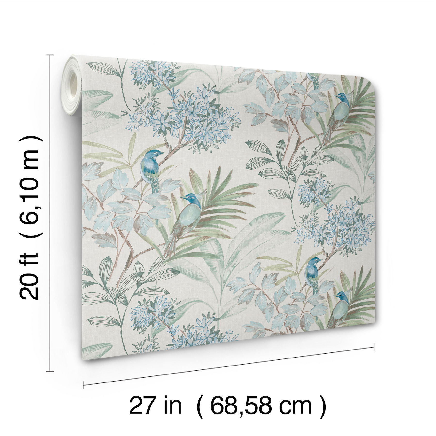 Handpainted Songbird Turquiose Peel & Stick Wallpaper large image 