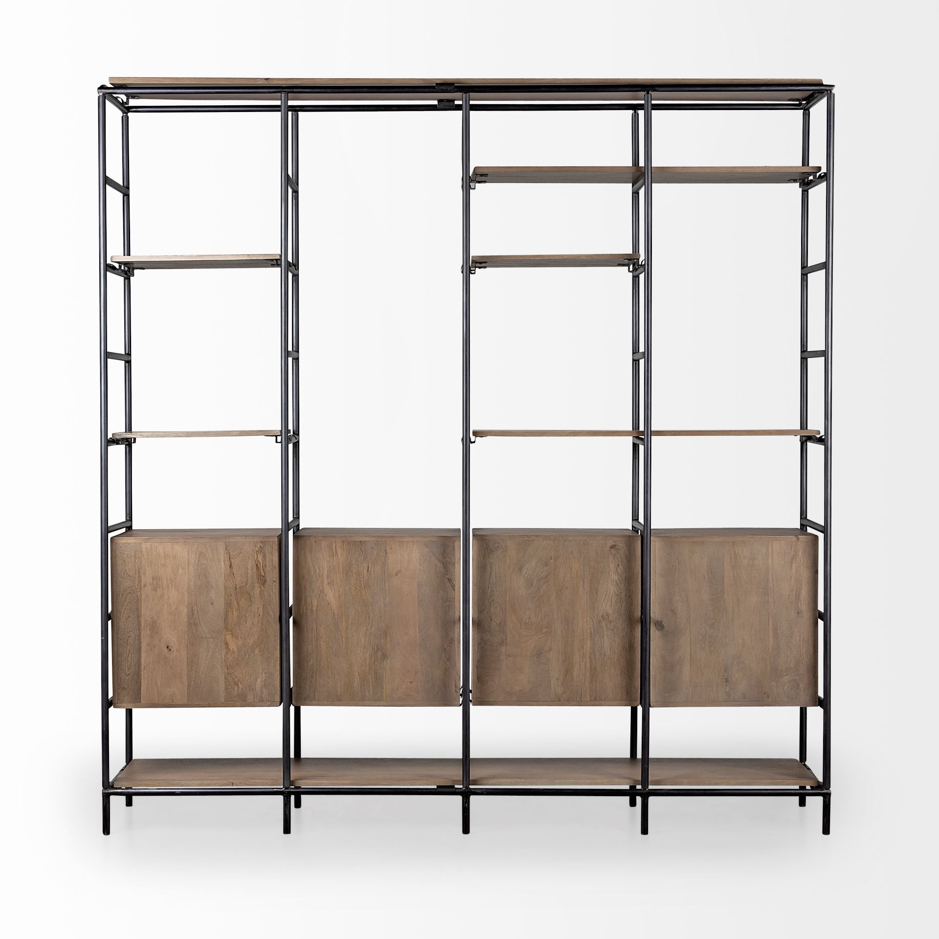 Darius 82L x 16.5W x 90H Medium Brown Wood and Metal Multi-Shelf Shelving Unit, Shelving & Bookcase by Mercana, 82" length x 16.5" width x 90" height View 5