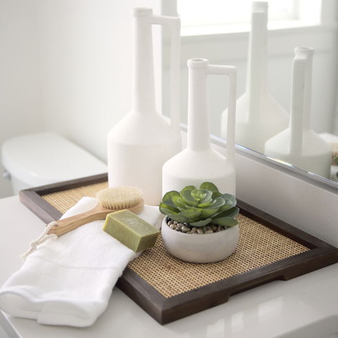 Silas Cane and Medium Brown Wood Rectangular Tray