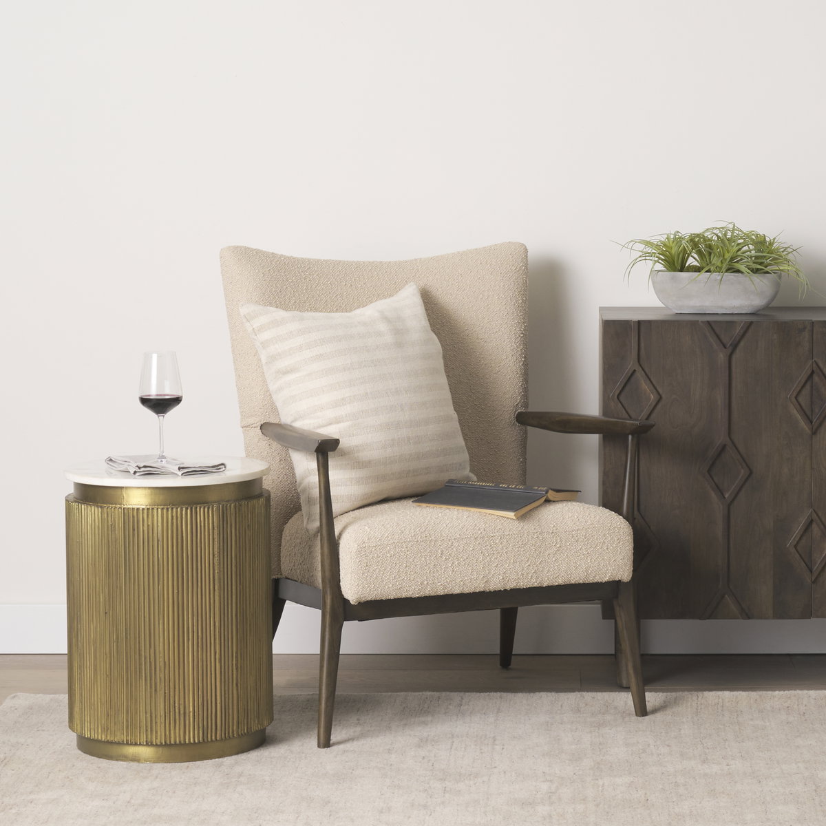 Satima White Marble with Gold Metal Round Fluted Accent Table, Side & End Table by Mercana, 16" length x 16" width x 22.25" height View 3