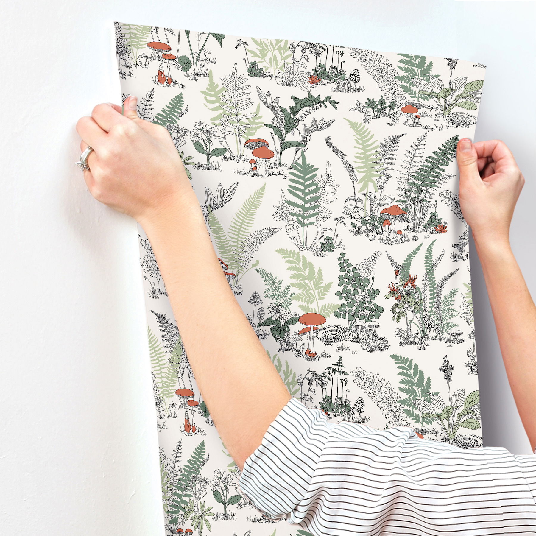 Mushroom Garden Toile Red & Green Wallpaper large image 