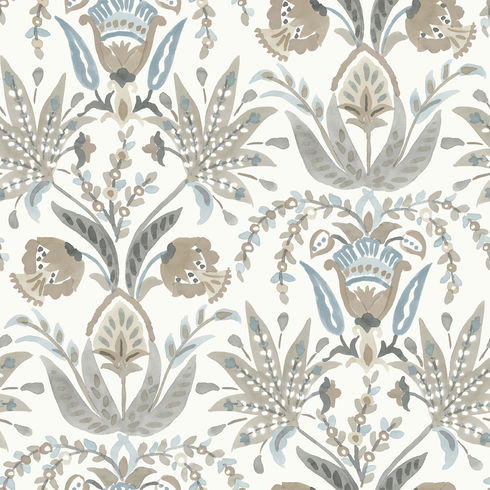 Seaside Jacobean Taupe & Blue Wallpaper