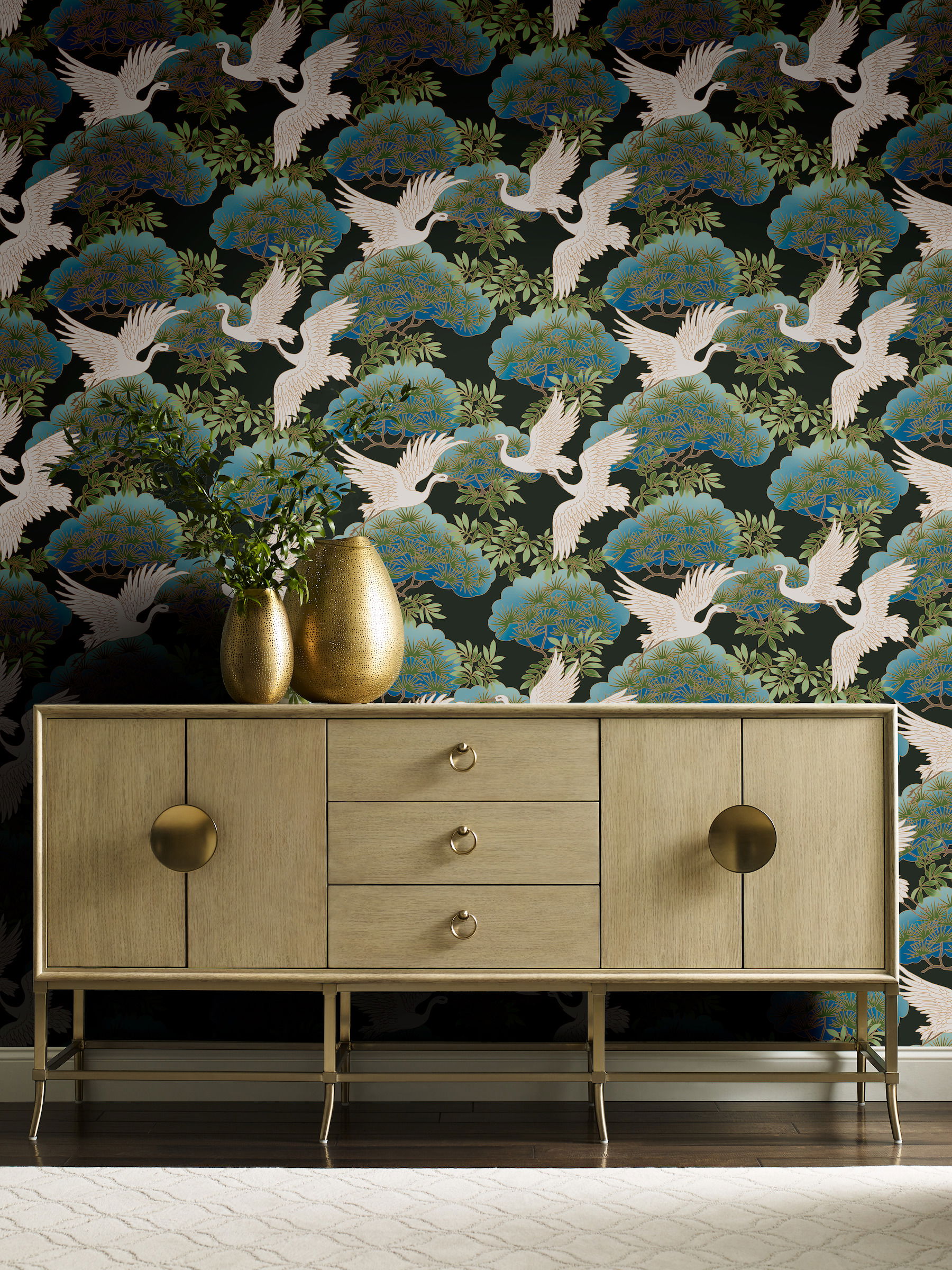 Sprig & Heron Black Wallpaper large image 