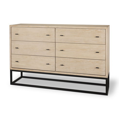 Ciara 6 Drawer Beige Fir Veneer with Black Metal Sideboard