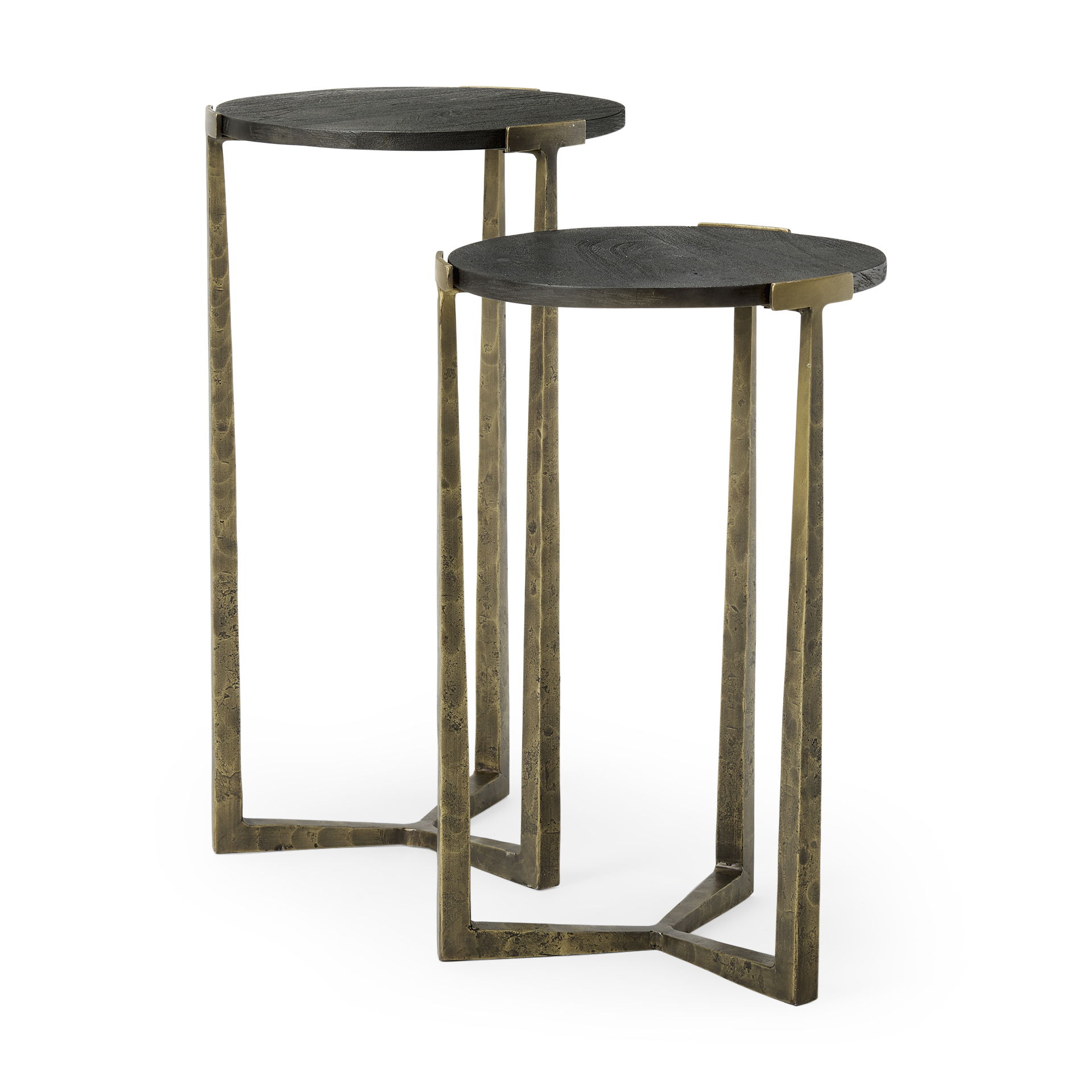 Atticus Black Wood and Antiqued Gold Metal Nesting Accent Tables (Set of 2), Side & End Table by Mercana, 13.25" length x 13.25" width x 24" height View 1