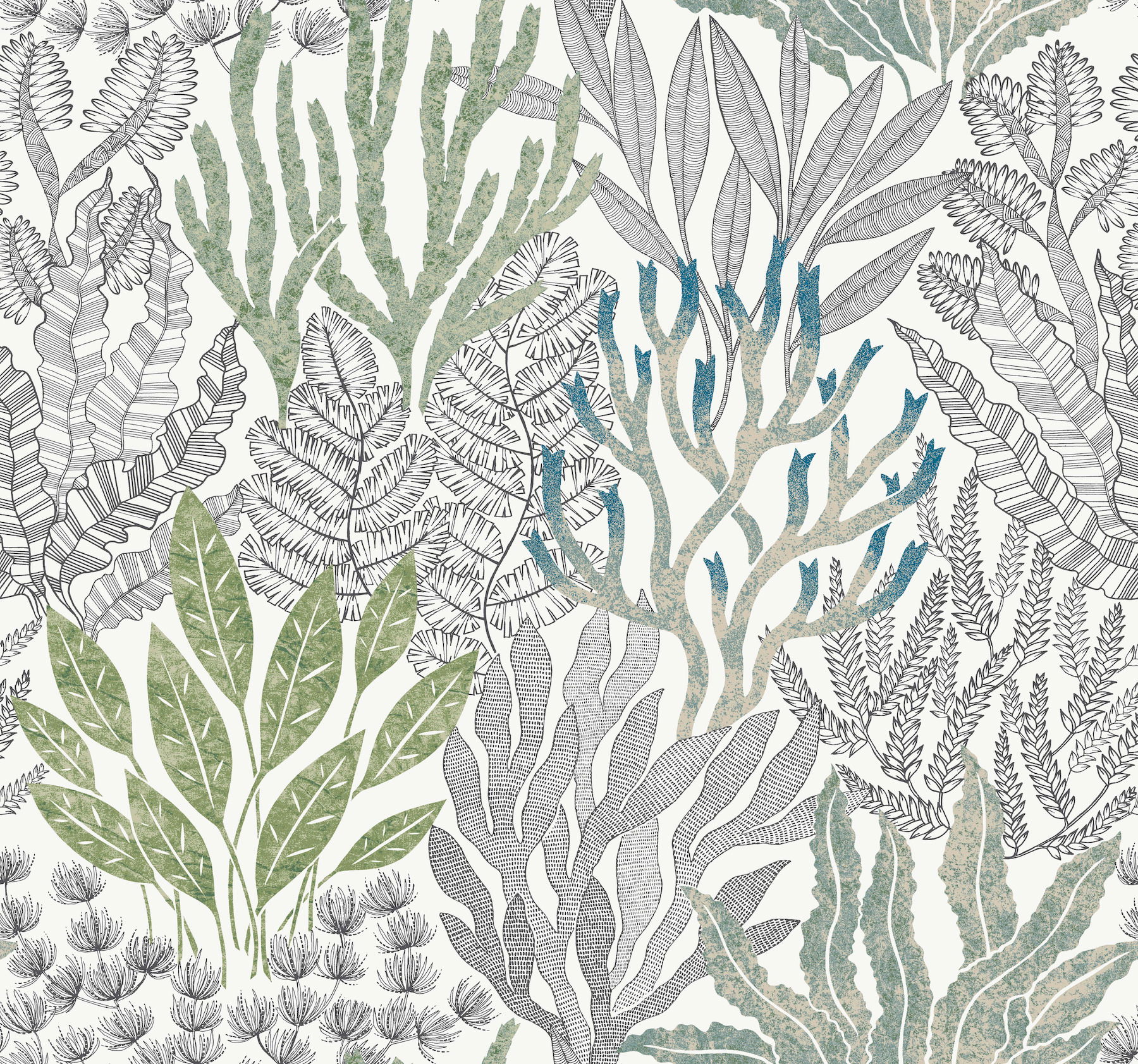 Coral Leaves Blue & Green Wallpaper large image 