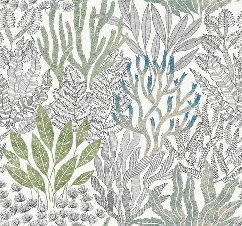 Coral Leaves Blue & Green Wallpaper