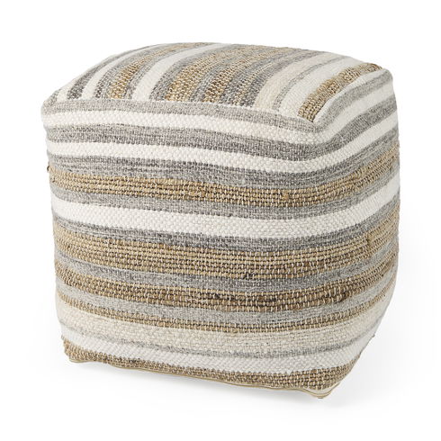 Aahana  White/Taupe/Gray Striped Hemp and Cotton Pouf