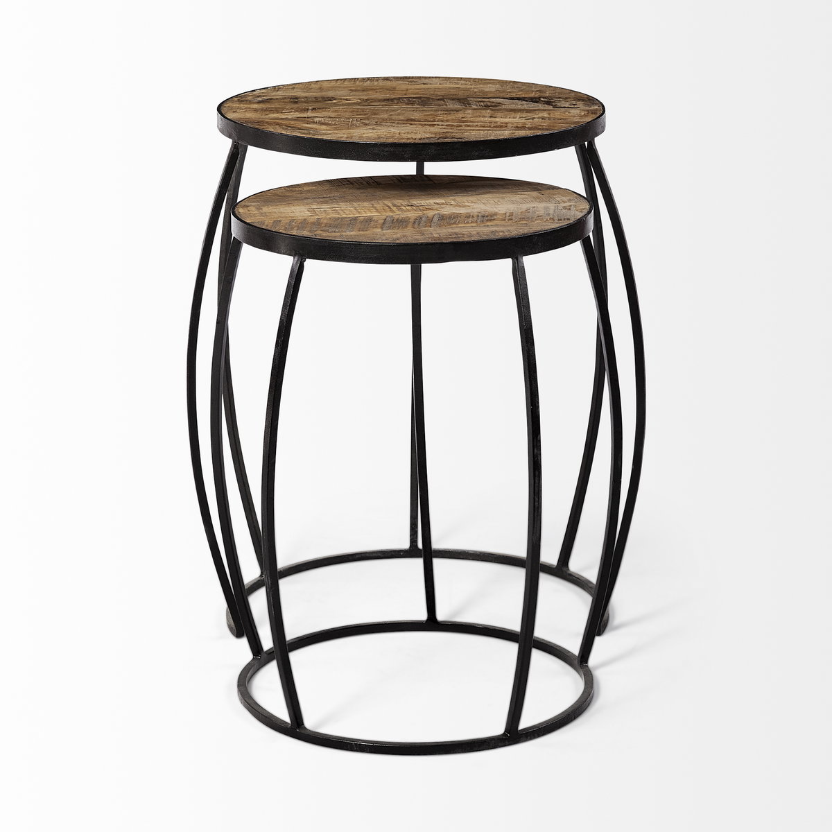 Clapp IV (Set of 2) 20L x 20W Brown Round Wood Top with Black Iron Frame Nesting Accent Tables, Side & End Table by Mercana, 20" length x 20" width x 26" height View 4
