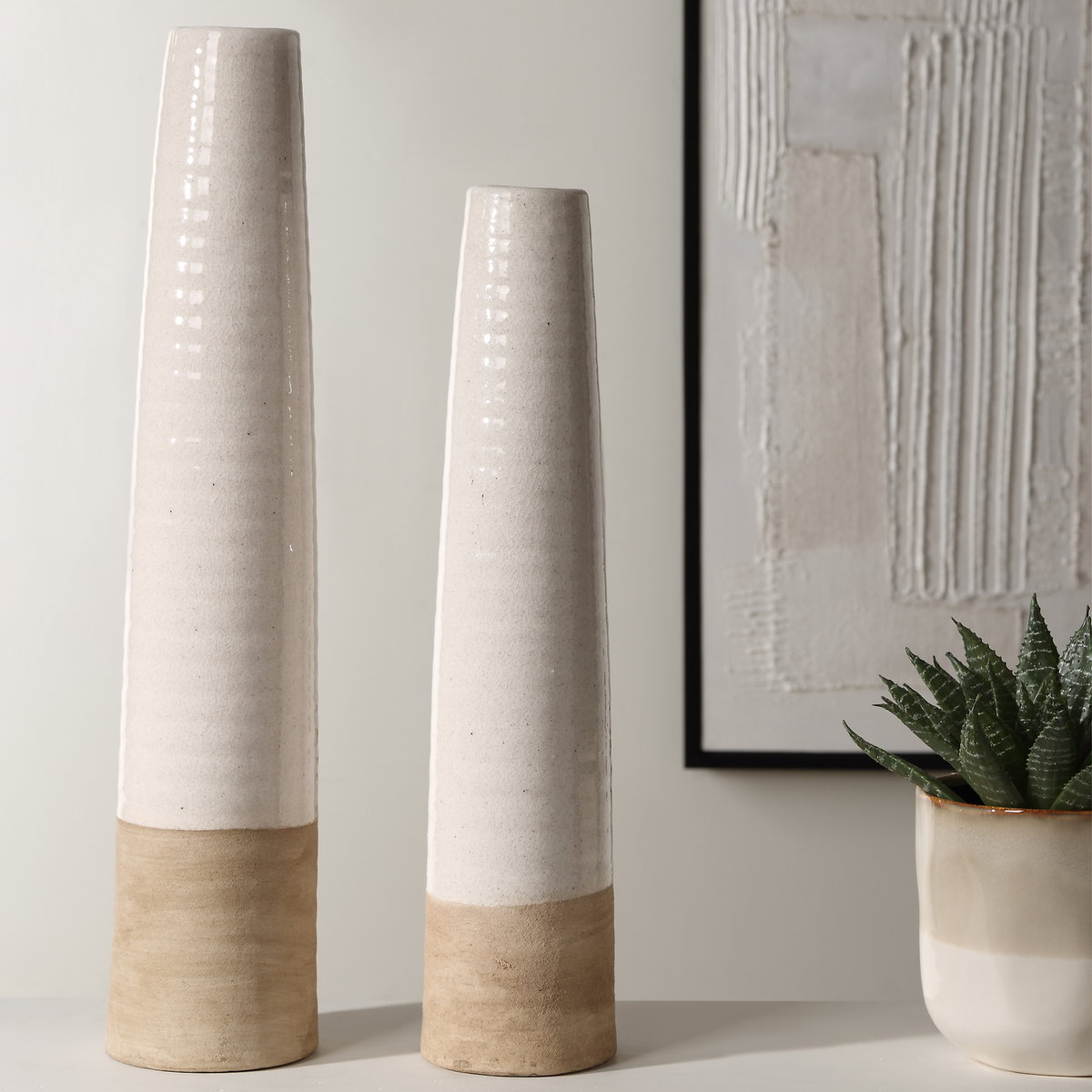 Ivory Sands Ceramic Vases Set/2, by Uttermost, 4.75" width x 22.75" height x 4.75" depth View 2