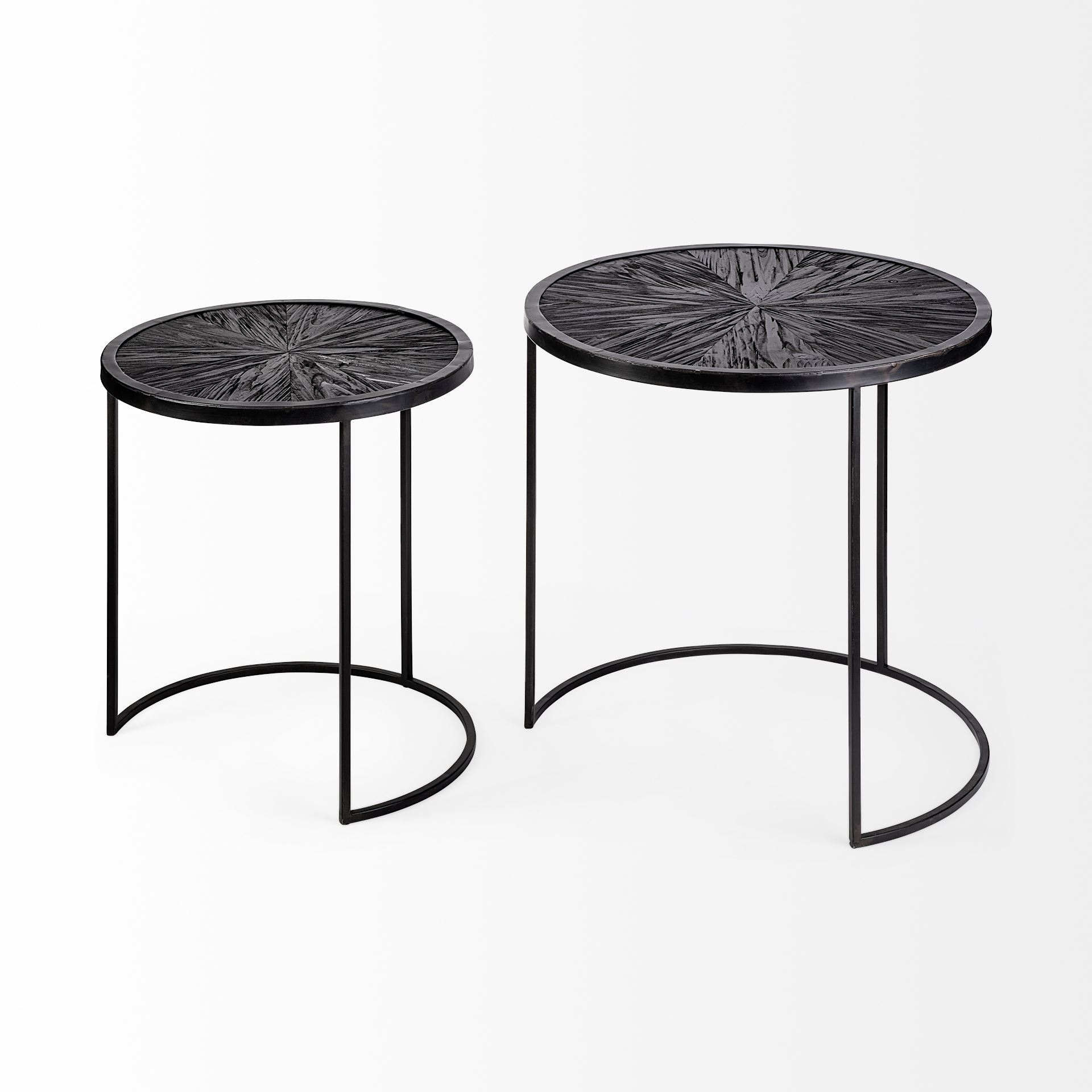 Chakra 19.7' Set of Two Round Dark Wood Top Black Frame Accent Tables, Side & End Table by Mercana, 19.69" length x 19.69" width x 19.69" height View 7