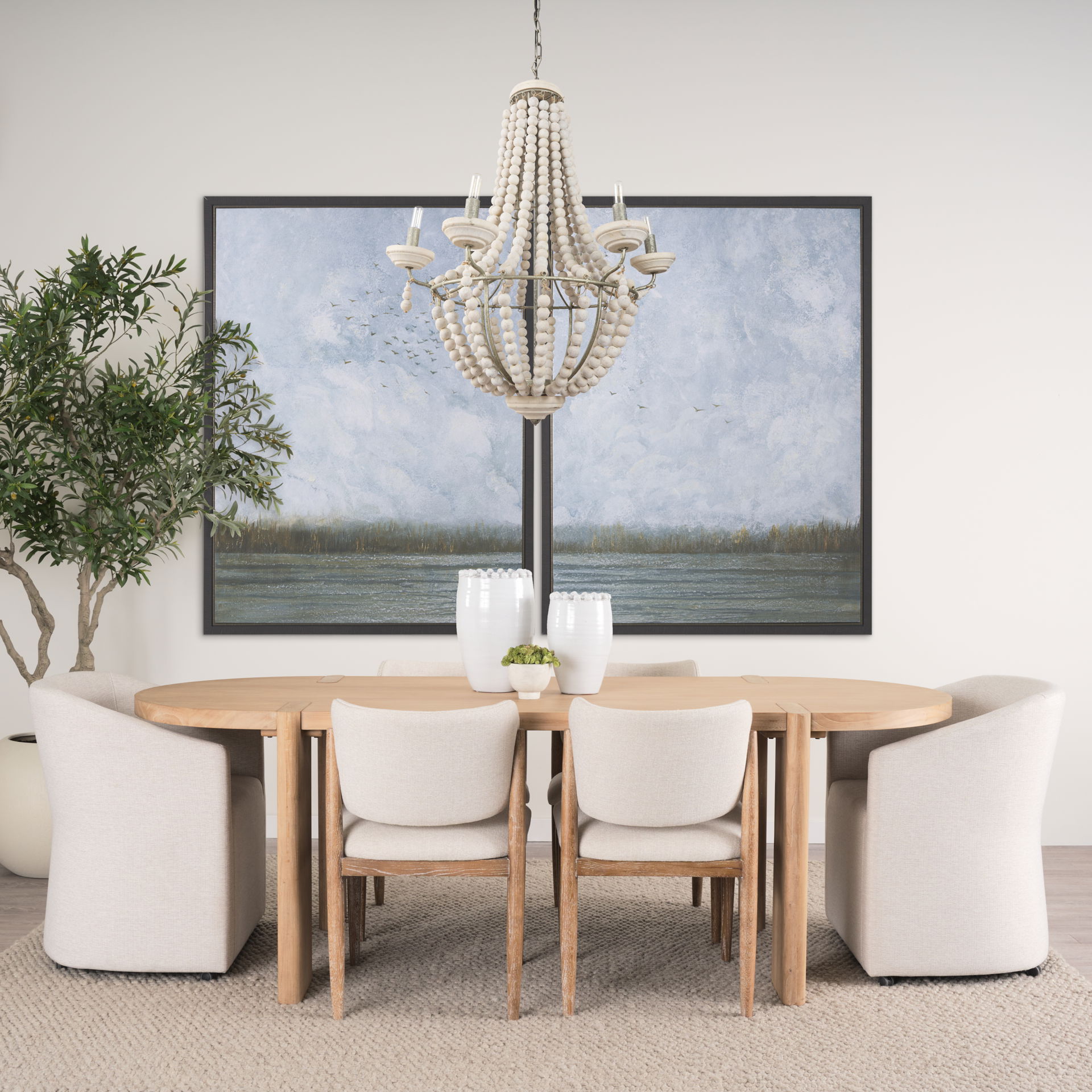 Phillum (29'x37') Silver Metal Chassis and White Wood Beaded Six Bulb Chandelier, by Mercana, 29" length x 29" width x 37" height View 2