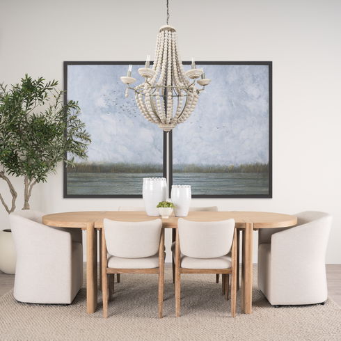 Phillum (29"x37") Silver Metal Chassis and White Wood Beaded Six Bulb Chandelier