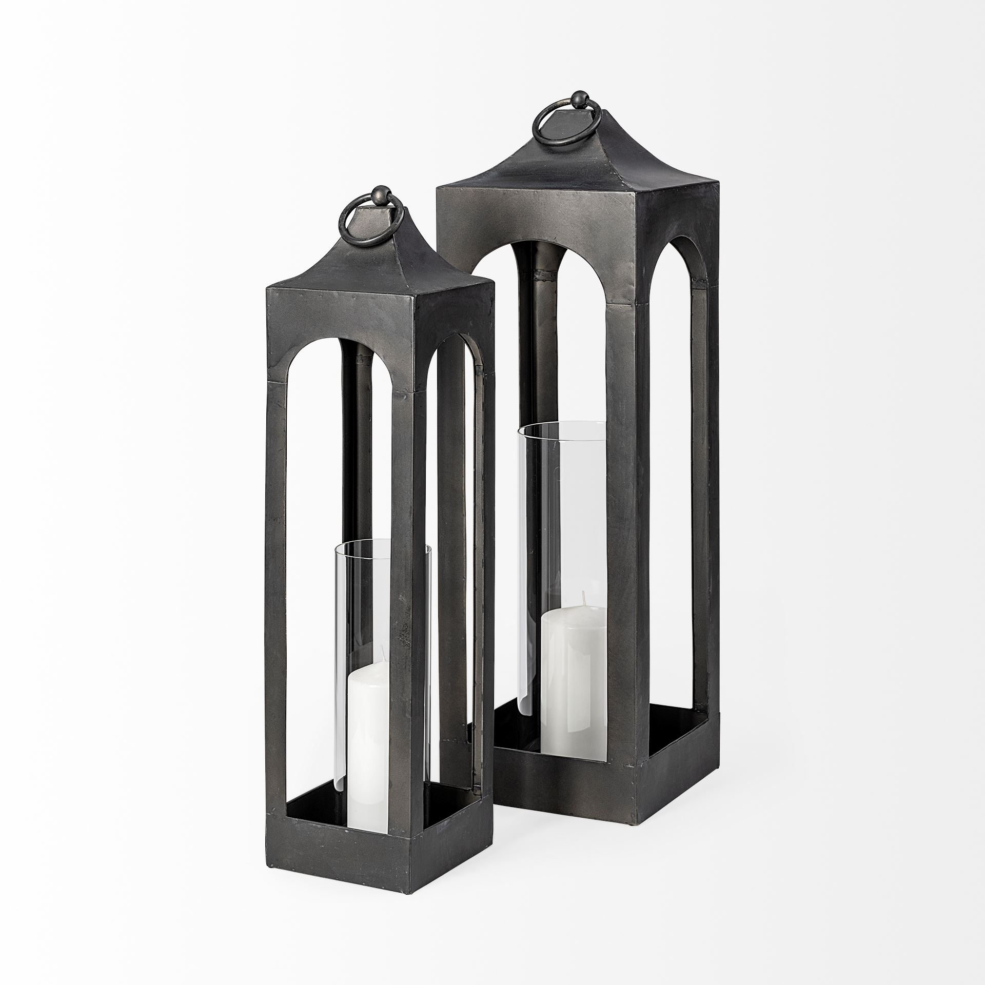 Ina Short Charcoal Metal Candle Holder Lantern, Lighting by Mercana, 6.69" length x 6.69" width x 29.53" height View 7