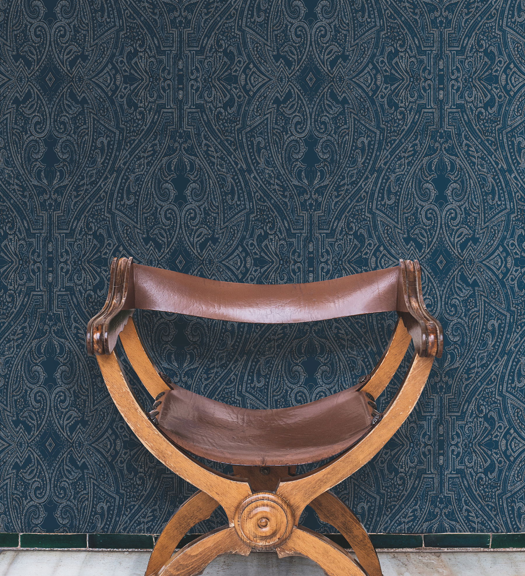 Ascot Damask Dark Blue Wallpaper, by York Wall, 27' length x 2'3" width x 0.02" depth View 3